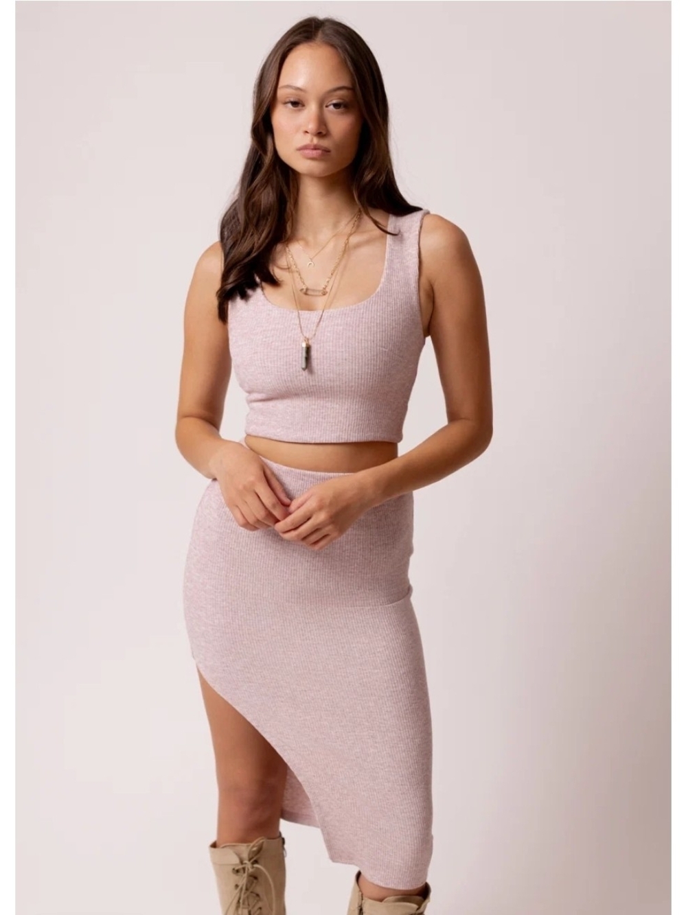 Joyfolie Ribbed Crop Top and Midi Skirt Set in Light Mauve - Picture 2 of 3